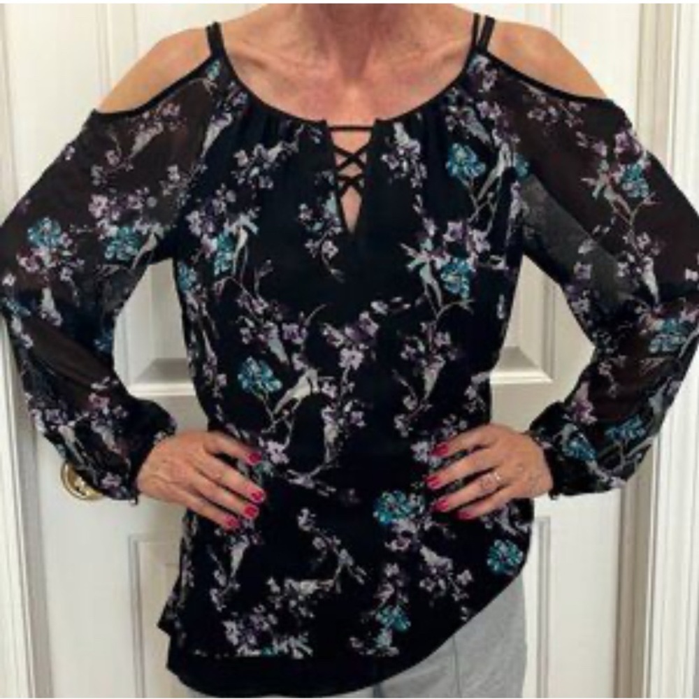 White House Black Market Black and Blue Off Shoulder Blouse Sz Med